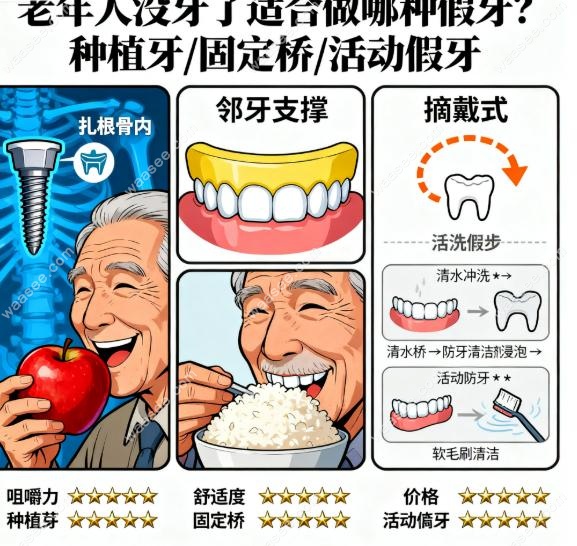 老年人没牙了适合做哪种假牙?种植牙/固定桥/活动假牙